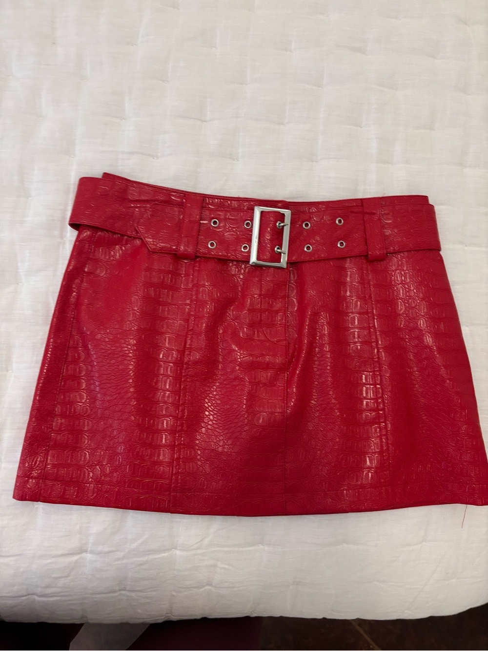 ASOS Red Croc-Embossed Mini Skirt with Buckle Belt